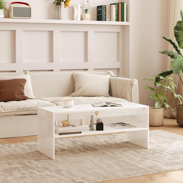 Mesa de Centro Mesa Auxiliar com Compartimento Aberto Mesa de Café para Sala de Estar 100x40x41,5 cm Branco Brilhante