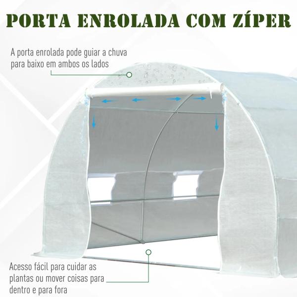 Estufa Tipo Túnel 595x300x200 cm com 8 Janelas e Cobertura de Polietileno para Cultivo de Plantas Estrutura de Aço 24mm para Jardim Branco