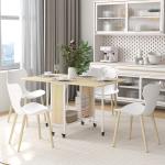 Mesa de Cozinha Dobrável Mesa de Refeição Dobrável com Rodas Laterais Abatíveis e Prateleira 130x80x74 cm Madeira e Branco