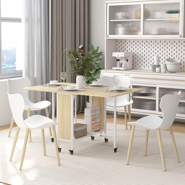 Mesa de Cozinha Dobrável Mesa de Refeição Dobrável com Rodas Laterais Abatíveis e Prateleira 130x80x74 cm Madeira e Branco