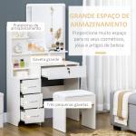 Toucador de Maquilhagem com Banco Espelho 4 Gavetas 4 Compartimentos de Armazenamento Estilo Moderno 80x38x143cm Branco