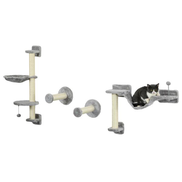 Prateleiras de Escalada para Gatos de Parede com Rede Plataformas Poste de Sisal e Escada 84,5x19x54 cm Cinza e Bege