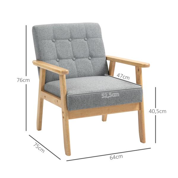 Poltrona Sala de Estar Estofada em Linho com Apoio para os Braços e Estrutura de Madeira de Borracha 64x75x76 cm Cinza Claro