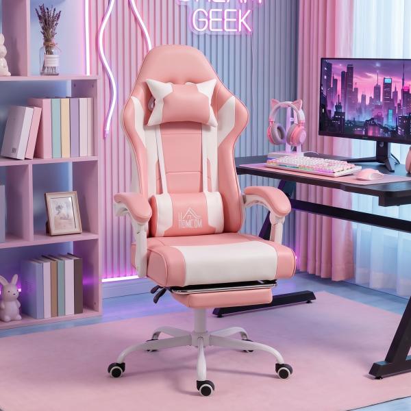 Cadeira Gaming Reclinável 155° com Suporte Lombar com Massagem Apoio de Cabeça e Apoio para os Pés 63x66x126 - 134 cm Rosa