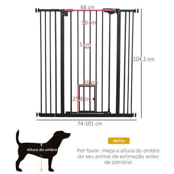Barreira de Segurança para Cães com Porta Pequena Fechamento Automático e Sistema Duplo de Bloqueio 74 - 101x104,1 cm Preto