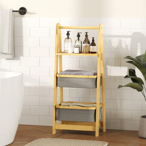 Estante Dobrável para Casa de Banho de Bambu com 2 Cestos para Roupa Suja Estante Aberto 44,5x32x99 cm Cinzento