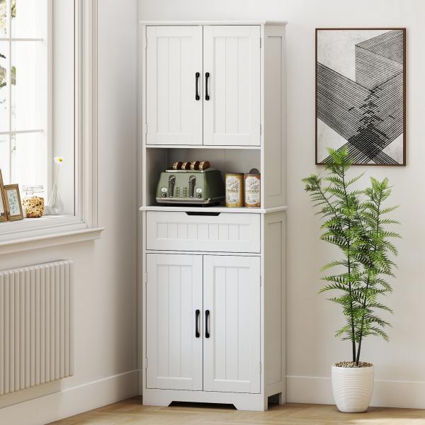 Armário Despenseiro de Cozinha 172 cm com Bancada Aberta, 4 Portas, Gaveta e 2 Prateleiras Ajustáveis, Branco