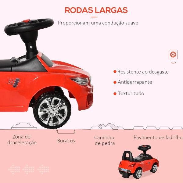 Carro Andador para Crianças de 18 - 36 Meses com Faróis Música Buzina Volante Compartimento de Armazenamento e Alça para Empurrar 63,5x28x36 Vermelho
