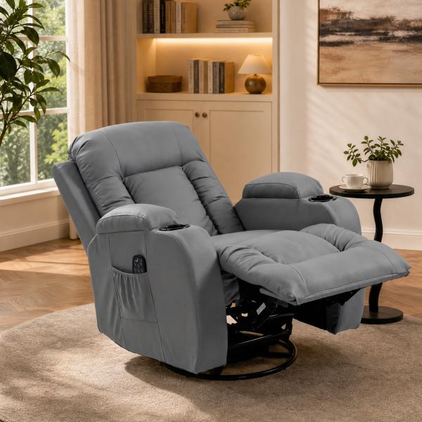 Poltrona de Massagem Giratória Poltrona Relax Reclinável com 8 Pontos de Massagem Função de Aquecimento 82x99x103 cm Cinzento