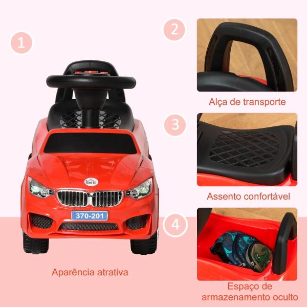 Carro Andador para Crianças de 18 - 36 Meses com Faróis Música Buzina Volante Compartimento de Armazenamento e Alça para Empurrar 63,5x28x36 Vermelho