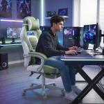 Cadeira Gamer Reclinável com Altura Ajustável Apoio para os Pés Retrátil Suporte Lombar e Almofada de Cabeça Amovível Verde