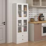 Armário de Cozinha Alto Móvel Auxiliar de Cozinha com 4 Portas de Vidro 2 Gavetas Prateleiras Ajustáveis 59x30x170 cm, Branco