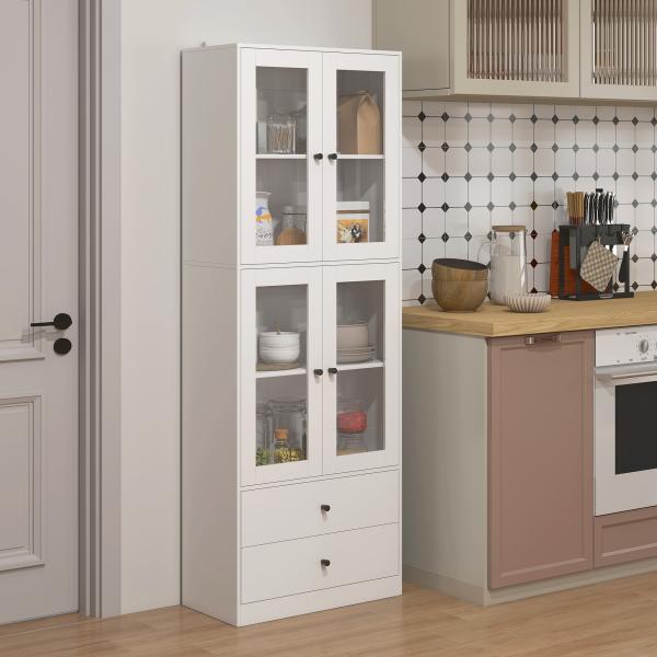 Armário de Cozinha Alto Móvel Auxiliar de Cozinha com 4 Portas de Vidro 2 Gavetas Prateleiras Ajustáveis 59x30x170 cm, Branco