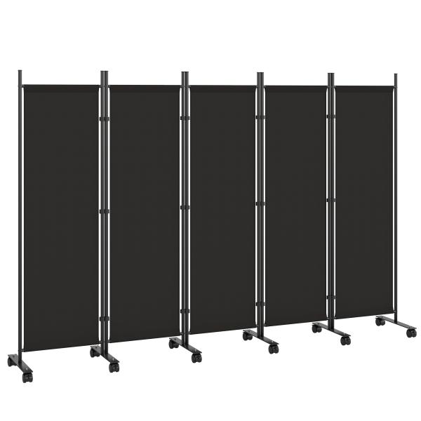 Biombo Dobrável de 5 Painéis com 12 Rodas 252x170 cm Biombo Separador de Ambientes Preto