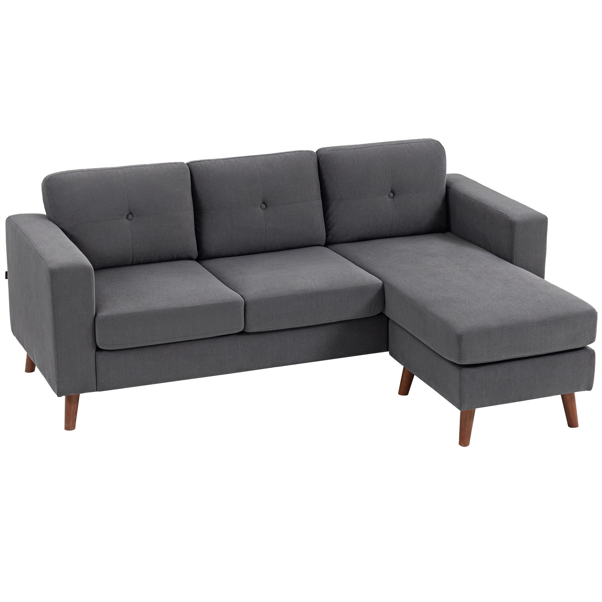 Sofá Chaise Longue Reversível Sofá de Canto em Forma de L de 3 Lugares Estofado em Veludo Cotelê 192x137x84 cm Cinzento Escuro