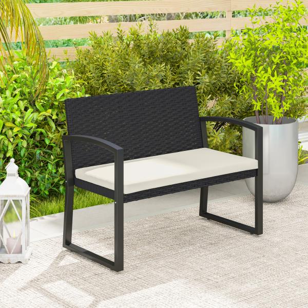 Banco de Jardim em Vime Sintético de 2 Lugares Banco de Exterior com Almofada 103x58x78 cm Preto e Bege
