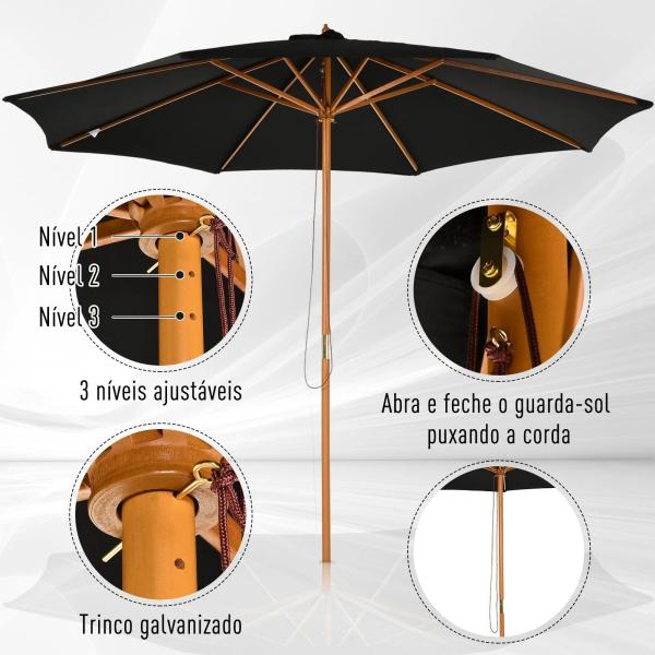 Chapéu de Sol de Jardim Ø300x250cm com Sistema de Polia Teto Ventilado e Mastro Desmontável de Madeira para Terraço Pátio Exterior Preto