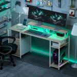 Mesa para Computador com Luzes LED Prateleiras Gavetas Plug Entrada USB e Suporte para Monitor 155,5x48x75,5 cm Madeira