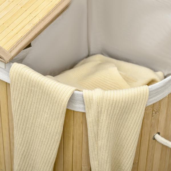 Cesto de Roupa Suja de Bambu 100L com 2 Compartimentos e Forro Removível 62,5x37x60,5 cm Madeira