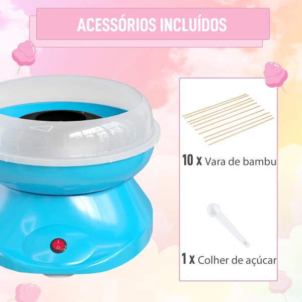 Máquina de Algodão Doce Potência 450W - 550W Doce com Colher Medidora e 10 Palitos de Bambu 27x26x18 cm Azul