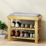 Banco Sapateira de Bambu Sapateira com Assento Almofadado 2 Prateleiras para 6 Pares de Sapatos 60x29x49 cm Madeira e Cinzento
