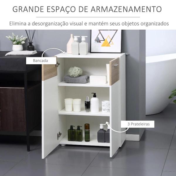 Armário Casa de Banho com 2 Portas e Prateleiras Interiores Ajustáveis Móvel Auxiliar de Madeira Multiuso para Sala de Estar Cozinha Sala de Jantar 60x30x85cm Branco e Madeira Natural