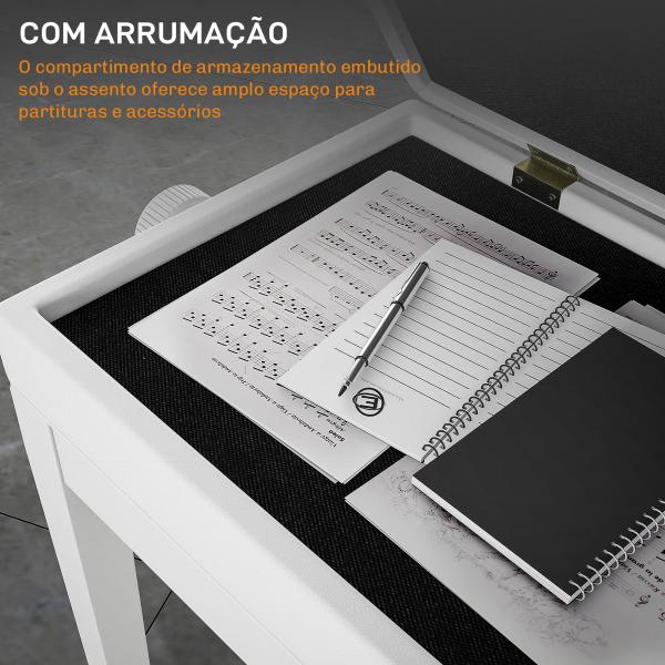 Banco de Piano com Espaço de Armazenamento e Altura Ajustável Carga 200 kg 54,5x33x48 - 58 cm Branco
