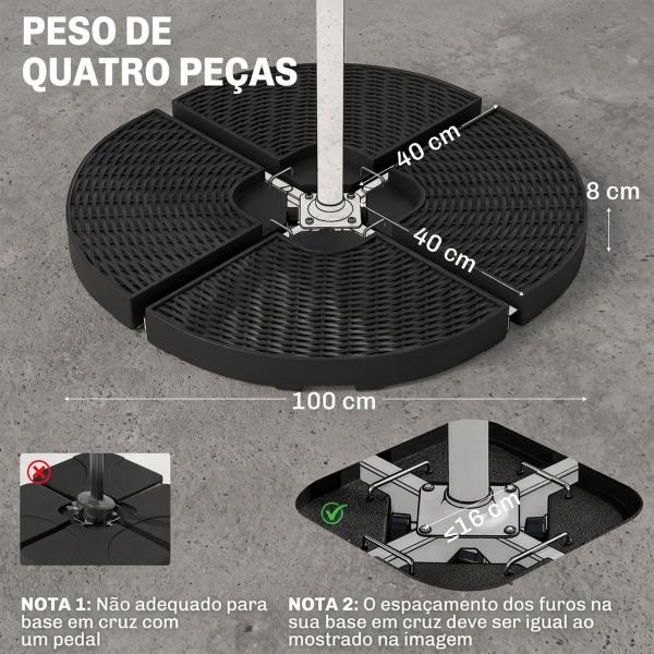 Base para Chapéu de Sol de 4 Peças Recarregável com Areia 68 kg ou Água 52 kg para Jardim Pátio ou Terraço Preto
