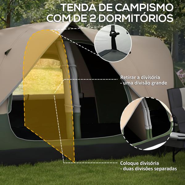 Tenda de Campismo Familiar para 5 - 6 Pessoas Dobrável com 2 Quartos e Bolsa de Transporte 450x215x180 cm Verde e Marrom