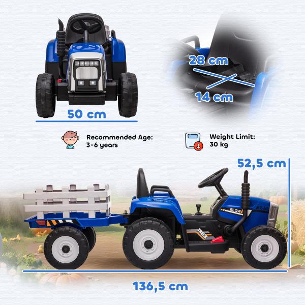 Trator Elétrico com Reboque Amovível com Controlo Remoto Música MP3 Luzes e Cinto de Segurança 136,5x50x52,5 cm Azul