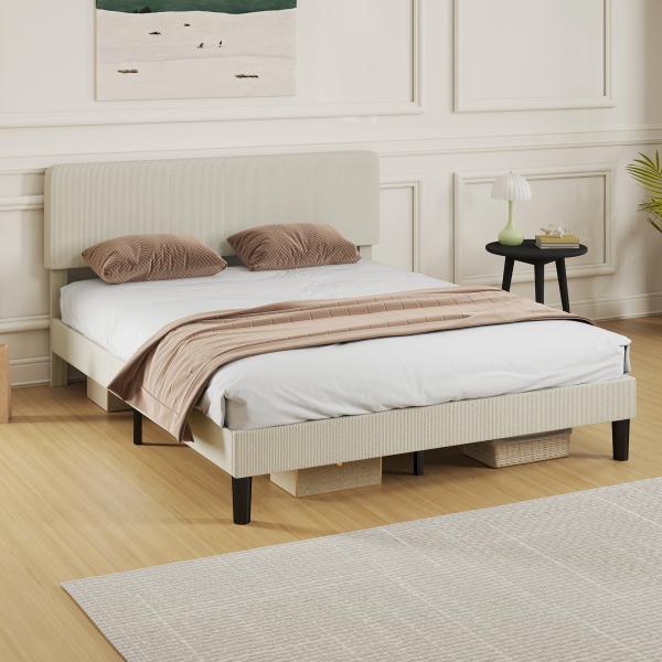 Cama 160x200 cm com Cabeceira Ajustável Estofada em Bombazina Ripas de Madeira Montagem Fácil Cinza Claro