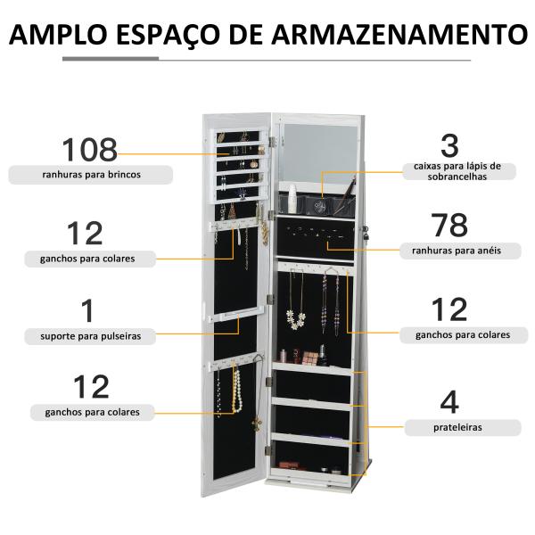Joalheiro de Pé Armário para Joias com 6 Luzes LED Fechadura Organizador de Joias com Prateleiras Suportes para Anéis 38x38x157cm Branco