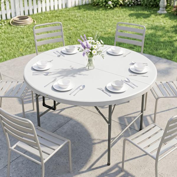 Mesa de Jardim Redonda Mesa de Varanda Dobrável com Estrutura de Aço e Bancada de HDPE Ø122x73 cm Branco