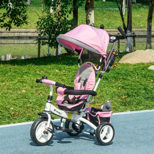Triciclo Evolutivo para Bebés de +12 Meses 2 em 1 com Toldo Dobrável Guiador Cinto de Segurança e Cesto 95x50x106 cm Rosa