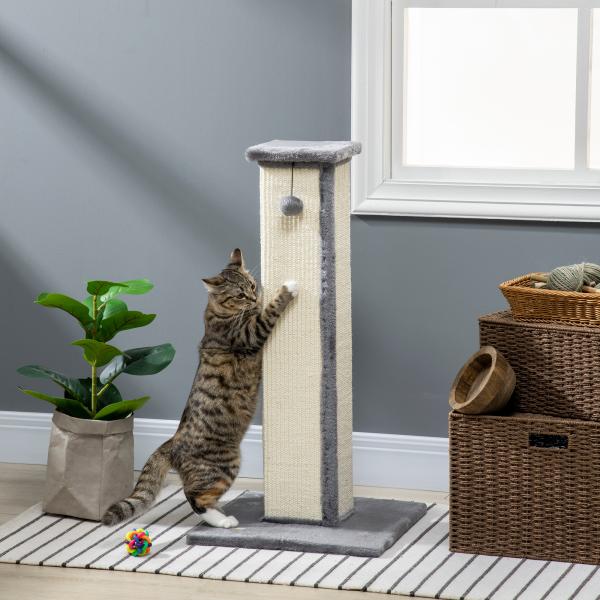 Poste Arranhador para Gatos Altura 81 cm Arranhador para Gatos com Poste de Sisal e Bola Suspensa 41x41x81 cm Cinza e Creme