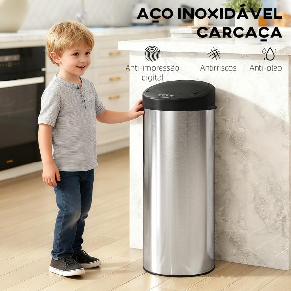 Balde de Lixo de Cozinha Automático 55 L em Aço Inoxidável com Sensor Infravermelho Fechamento Suave 32x30x78,5 cm Prateado