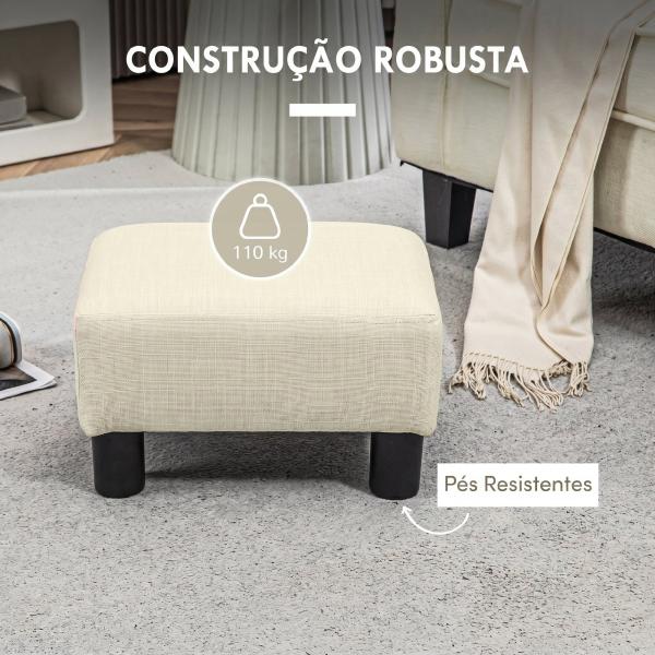 Pousa - pés em Tecido de Linho, Banco Baixo com Assento Acolchoado, Estrutura em Madeira e Pés Bege