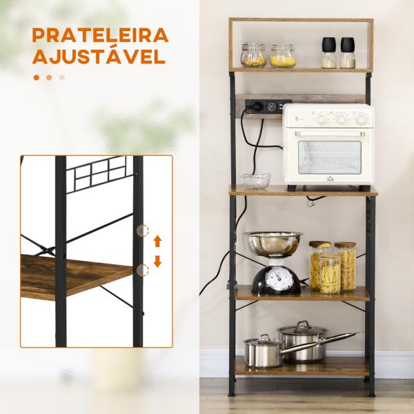 Estante de Cozinha Móvel Auxiliar de Cozinha com Ficha 2 Carregadores USB Ganchos e Prateleira Ajustável 60x42x153 cm Castanho Rústico