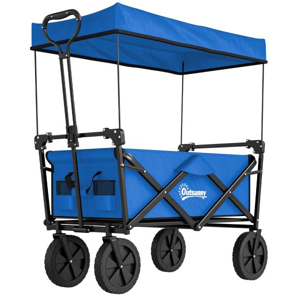 Carrinho de Transporte Dobrável com Toldo Removível e Alça Ajustável Capacidade 100 kg para Campismo 97x52x105 cm Azul