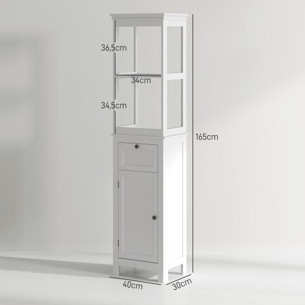Coluna Casa de Banho Móvel Casa de Banho com Gaveta Porta Prateleira Ajustável e 2 Compartimentos 40x30x165 cm Branco