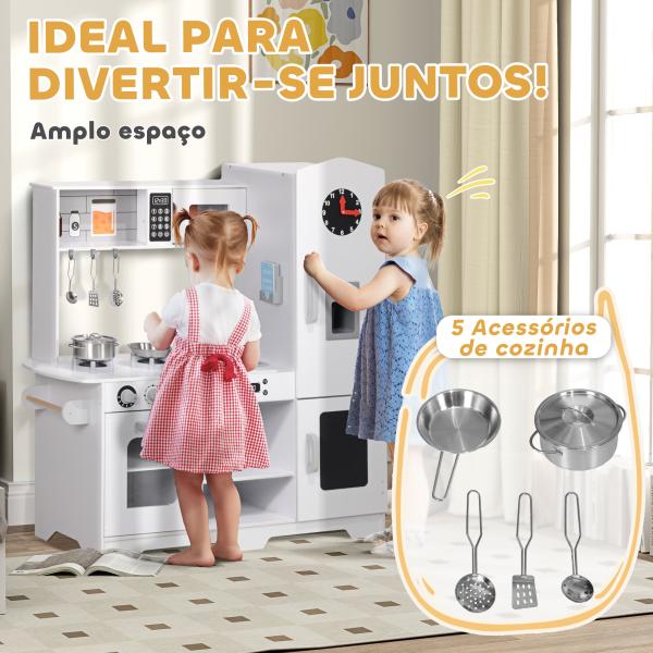 Cozinha de Madeira para Crianças com Fogão Lavatório Micro - Ondas Relógio Máquina de Gelo e Acessórios 100,5x41x110 cm Brancp