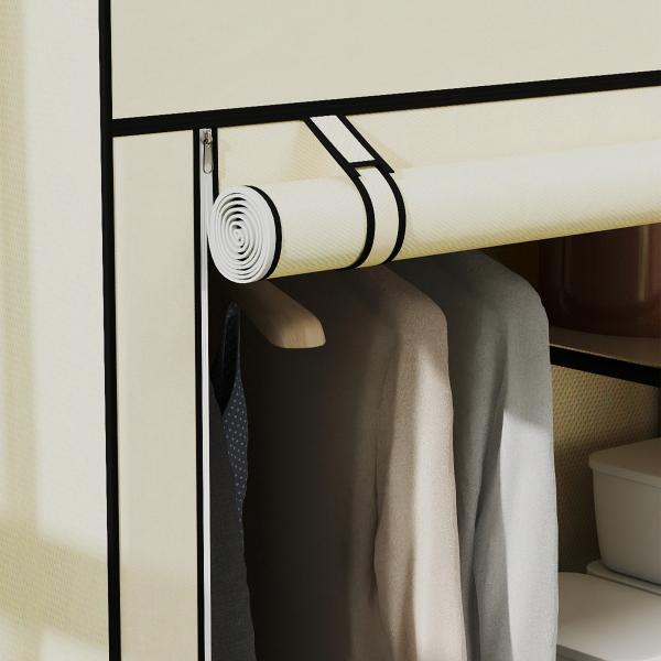 Roupeiro de Tecido Dobrável com 6 Prateleiras e 1 Barra de Pendurar para Dormitório Vestidor 103x43x162,5cm Creme