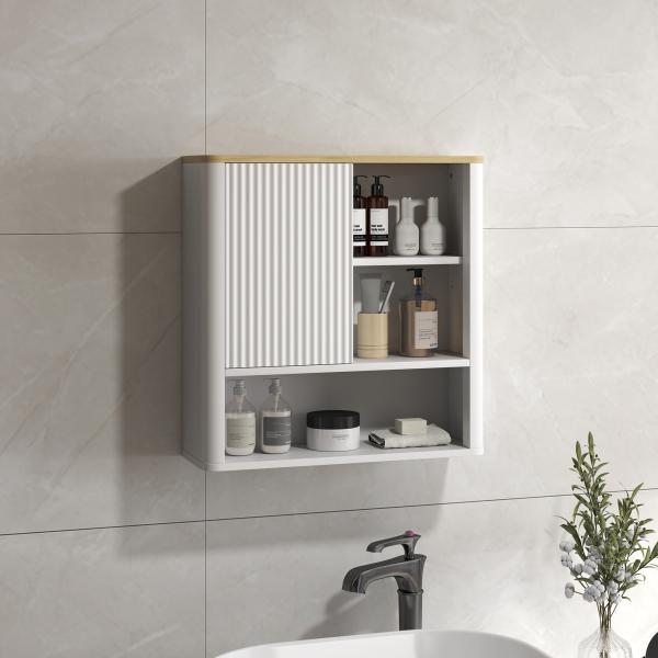 Armário de Parede para Casa de Banho com Porta Deslizante 5 Compartimentos e Prateleiras Ajustáveis 60x20x62 cm Branco