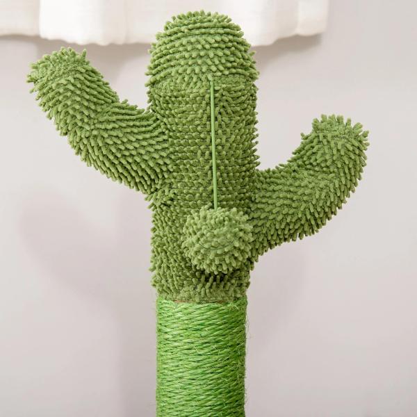 Poste Arranhador para Gatos em Forma de Cactus Pequena Árvore Arranhadora para Gatos com Poste de Sisal e Pelúcia Bola Suspensa e Base com Brinquedo de Madeira 32x32x60cm Verde