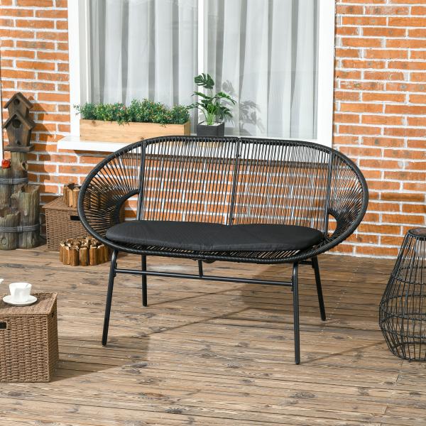 Sofá Acapulco de 2 Lugares com Apoios de Braço Almofada e Estrutura de Aço para Jardim Terraço Pátio 132x72x83 cm Preto