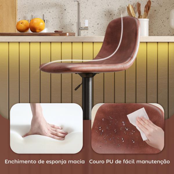 2 Bancos de Bar Reguláveis em Altura 84 - 104 cm com Encosto e Apoio para os Pés Estofadas em PU Giratórias em 360° Marrom