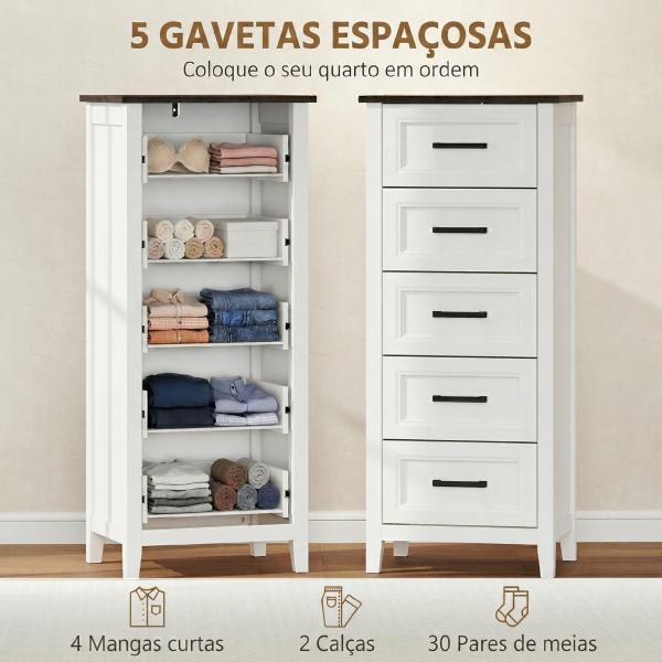 Cómoda 5 Gavetas Cómoda de Dormitório Estreita e Alta com Bancada com Efeito Madeira 45x35x106 cm Branco