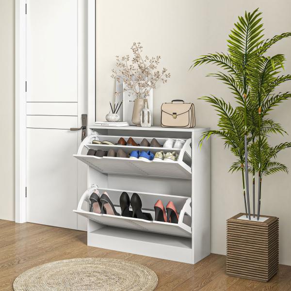 Sapateira Moderna com 2 Gavetas Rebatíveis e Prateleias Ajustáveis para 16 Pares de Sapatos Sapateira Compacta 81,5x25x83 cm Branco