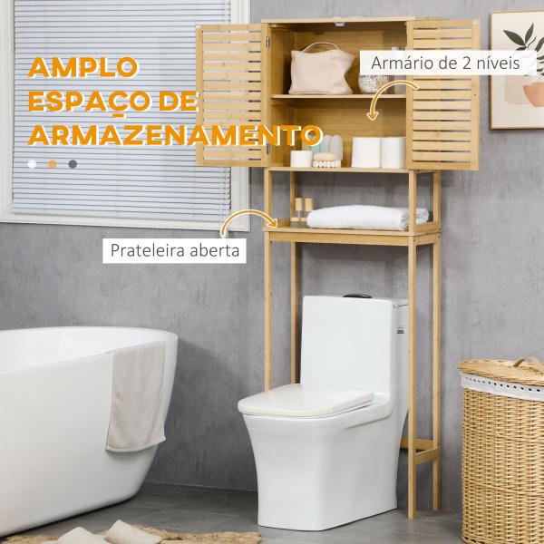 kleanklin Móvel de Bambú sobre Sanita Armário Alto para Casa de Banho com 2 Portas 1 Prateleira Interior e 1 Prateleira de Armazenamento 60x23x173cm Natural