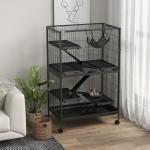 Gaiola para Roedores 80x52x128 cm Casa de 4 Alturas com Rampas Suspensa Rede Bandeja Removível Rodas Cinza Escuro